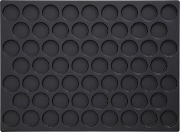 The image displays a flexible baking sheet with 48 circular indentations in a regular pattern. The surface is dark and smooth. Each indentation appears to be of equal size.