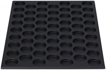 The image shows a black baking tray with 48 round indentations. The indentations are evenly arranged and have a smooth edge, ideal for muffins or small baked goods.