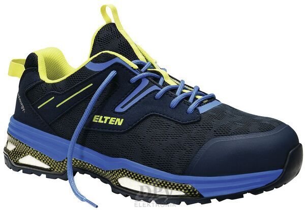 The shoe is a sporty, black sneaker made of a mesh material with firm, stable spots. It features a reinforced toe cap, flat laces, and a grippy sole.