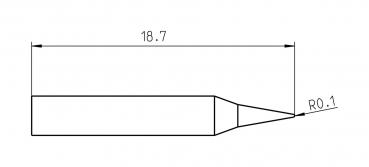 Das Bild zeigt eine technische Zeichnung eines Objekts mit einer Länge von 18,7 mm. Es hat einen zylindrischen Körper und endet in einer spitzen Form. Am Ende ist eine abgerundete Kante zu erkennen.