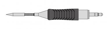 The image shows an arrow with a sharp, shiny tip. The shaft is grooved and has a black, padded section. At the end, there is a wider, flat area.