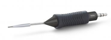 Es handelt sich um ein Werkzeug mit einem geformten, rutschfesten Griff. Die Spitze ist dünn und metallisch, mit einer spiralförmigen Komponente am unteren Ende. Es ist kompakt und ergonomisch.