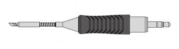 Das Bild zeigt einen Kabelstecker mit einer länglichen, gewellten Gummierung in der Mitte. An einem Ende befindet sich ein spitz zulaufender Stecker, am anderen ein runder Stecker.