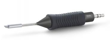 The image displays a black soldering iron with a ridged handle. At the end, there is a fine soldering tip used for soldering components.