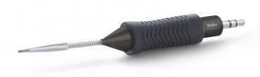 The image shows a soldering iron with a gray, non-slip grip and a pointed, silver soldering tip. The tip is flexible and slightly wavy.
