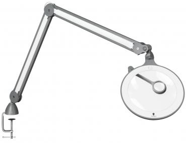 Das Bild zeigt eine flexible Vergrößerungslampe mit einem langen Gelenkarm. Die Lampe hat eine runde, durchsichtige Linse und ist an einem stabilen Klemmbasis befestigt.