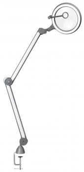 Das Bild zeigt eine flexible Tischlampe mit einem langen, verstellbaren Arm und einem runden Lampenschirm. Sie ist an einem Tisch befestigt und eignet sich gut zum gezielten Beleuchten.