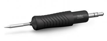 The image shows a soldering iron with a black rubberized handle and a non-slip texture. The tip of the soldering iron is pointed and made of metal, ideal for soldering electronics.