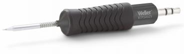 The image shows a soldering iron with an ergonomic, non-slip handle made of black plastic. The tip is made of metal and slightly angled. Next to it, a small plug is visible.