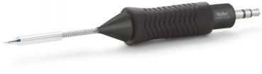 The image shows a pen-like object with a black rubberized grip and a metallic tip. The grip has a grooved structure for better hold.