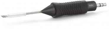 The image shows a tool with a black, rubberized handle and a long, thin metal head. The head has a sharp blade and a spiral structure.
