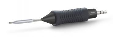The image shows a soldering iron with a gray, non-slip grip and a pointed, silver soldering tip. The tip is flexible and slightly wavy.
