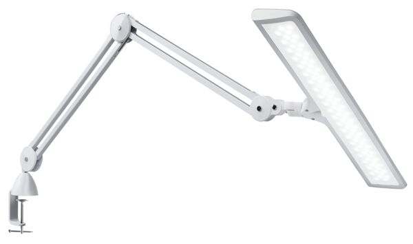 The image shows a black, adjustable desk lamp with a long, rectangular light source. The arm of the lamp is movable and jointed in the middle. It is attached with a clamp.