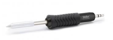 The image shows a soldering iron with a black, non-slip grip and a pointed, silver tip. The iron has a sleek shape and is suitable for precise soldering.