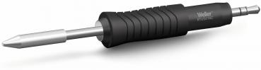 The image shows a screwdriver with a black, rubberized handle and a silver, pointed blade. The handle has a grooved surface for better grip.