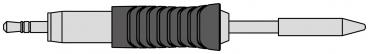 The image shows a gray plug with a round, pointed end. At the thicker end, there is a rubberized, ribbed grip that facilitates handling.