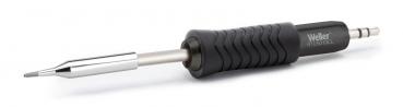 The image shows a soldering iron with a gray, ridged handle and a silver tip. The handle is ergonomically designed to allow for better handling.