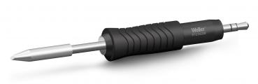 The image shows a soldering iron with a long, pointed metal tip and a grippy black plastic handle. The tip is tapered and shiny. The handle has a ridged surface for better grip.