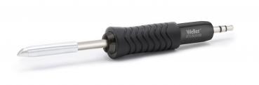 The image shows a soldering iron with a black, ribbed handle and a silver tip. The handle is ergonomically designed to provide a good grip while working.