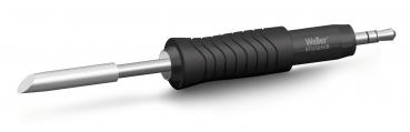 The image shows a soldering iron with a long, silver tip attachment. The handle is black, rubberized, and has grooves for better grip. The attachment is designed for precise soldering.
