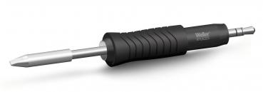 The image shows a screwdriver with an ergonomic, black grooved handle and a silver tip. The tip is interchangeable, allowing for the use of different types of screws.