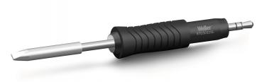 The image shows a soldering iron with a silver, pointed tip and a black rubber handle. The handle has grooves for better grip. The tool is designed for precise soldering.