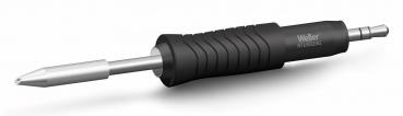 The image shows a screwdriver with an ergonomic, black rubberized handle and a silver, pointed tip. The handle has grooves for better grip.