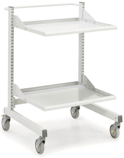 The image shows a mobile tablet stand with two levels. It is made of white metal and has wheels for easy movement. The top has a small edge to secure items.