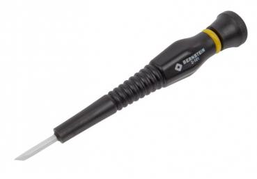 The image shows a screwdriver with a black, rubberized handle and yellow accents. The blade is narrow and made of steel, ideal for precise tasks.