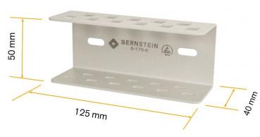 The image shows a white metal holder. It has a rectangular shape with two horizontal levels and side holes. The dimensions are 125 mm long, 50 mm high, and 40 mm deep.