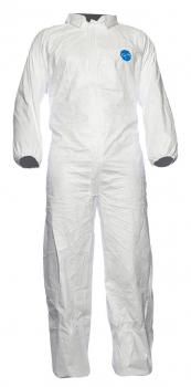 The image shows a white protective suit made of lightweight material. The suit has long sleeves, a hood, and is fully enclosed. It has a blue sticker on the chest.