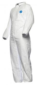 The image shows a white protective suit made of lightweight material. The suit has long sleeves, a front zipper, and a blue brand logo on the chest. It appears functional and hygienic.