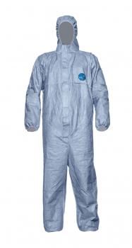 The image shows a brightly blue protective suit made of lightweight material. It has long sleeves, a hood, and a front zipper. The suit protects against workplace hazards.
