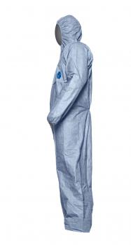 The image shows a blue one-piece suit with a hood. The suit is made from a lightweight, smooth material and has no visible details or embellishments.