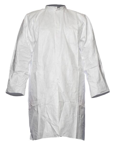 The image shows a long, white coat with long sleeves. The coat features a simple collar and is made from lightweight material, ideal for hygienic or medical purposes.