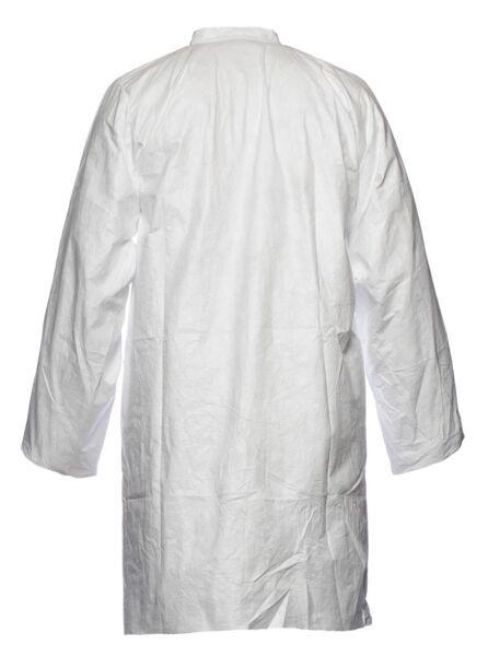 The image shows a white coat made from a lightweight material. It has long sleeves and a simple, round collar. The coat is viewed from the back and appears practical and functional.
