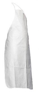 The image shows a simple, white cooking or apron. It has a slim cut and hangs vertically down, with a tie closure at the neck.