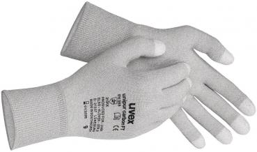 The image shows a pair of gray work gloves made from light, structured material. The palms are grippy, and the fingers are partially coated.