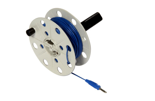 The image shows a cable reel with blue cord. The reel is round, has a central axis, and several holes in the rim. At one end of the cord, there is a connector plug.