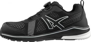 The shoe is black with breathable inserts, a sporty silhouette, and a white sole. It features a modern quick-lacing system and reflective details.