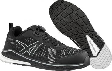 The image shows a black athletic shoe with breathable mesh material. It features a striking quick-lacing system and a non-slip, textured sole. The sole is two-toned, black and white.