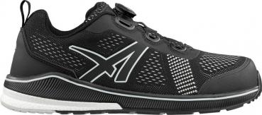 The shoe is a sporty sneaker in black with breathable mesh upper. It has a bright, textured-looking sole and a quick-lacing system.