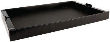 The image displays a black, flat tray or dish made from sturdy material. It features raised edges and is rectangular with a minimalist design. Ideal for transporting items.