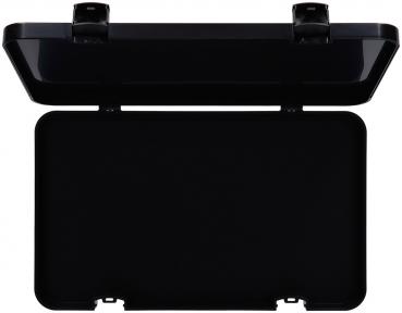 Das Bild zeigt eine schwarze, rechteckige Box mit einem aufklappbaren Deckel. Der Deckel ist leicht transparent, während der Innenraum vollständig schwarz ist.