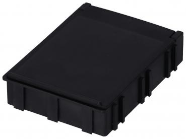 The image shows a black, rectangular plastic box. It has a smooth top and is slightly ribbed on the sides. The corners are rounded, and the box is sturdy and compact.