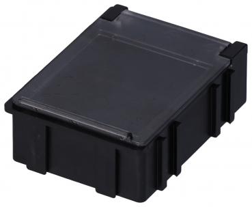 The image shows a small, rectangular box with a black body and a transparent lid. The corners have rounded edges, and the box appears sturdy and functional.
