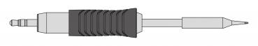 The image shows a black screwdriver with a non-slip grip area. It has a long, straight blade and a pointed tip shape that is suitable for screws.