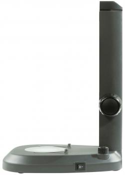 It is a gray screen reader or magnifier with a flat base. There are controls for magnification and a switch on a vertical stand.