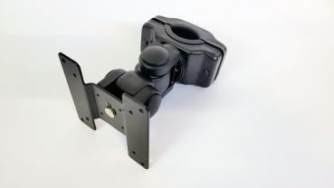 The image displays a black bracket with a spherical joint that allows for flexible alignment. The mounting plate is rectangular with multiple screw holes.