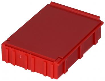 Das Bild zeigt eine rote, rechteckige Kunststoffbox mit einer flachen Oberseite und geriffelten Seiten. Sie hat eine schlichte, funktionale Form und ist stabil und robust.